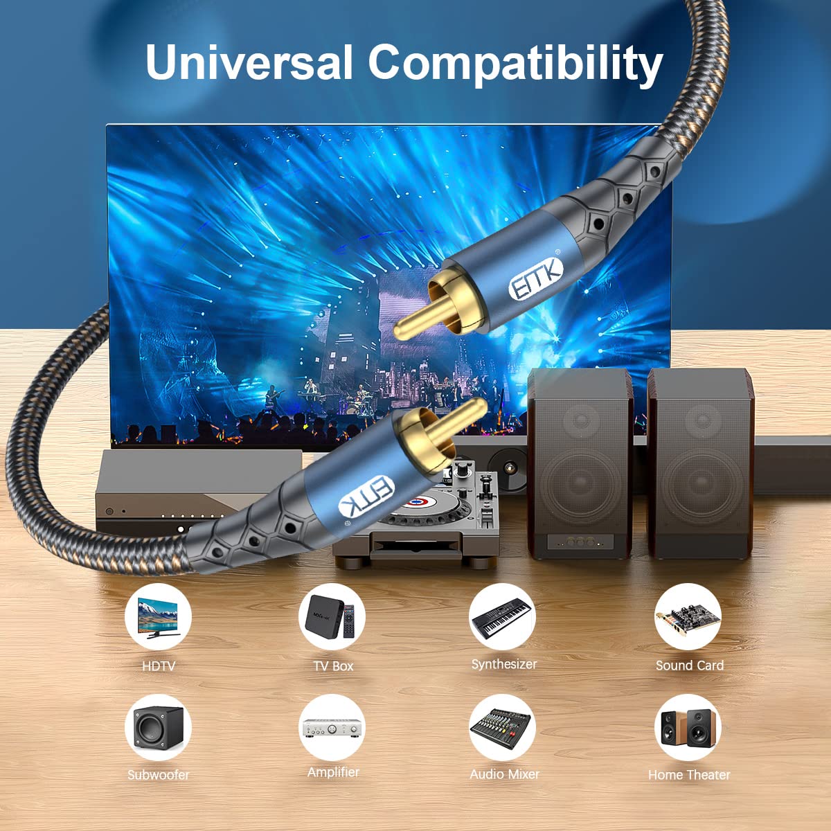 EMK subwoofer cable connectors closeup showing durable gold-plated tips.