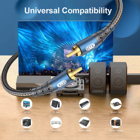EMK subwoofer cable connectors closeup showing durable gold-plated tips.