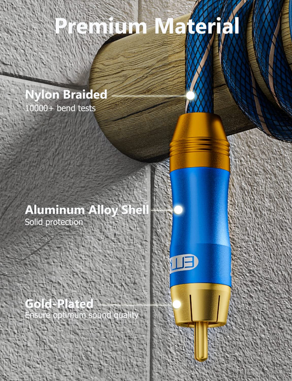 EMK closeup of gold‑plated RCA and split‑tip center pin for corrosion resistance