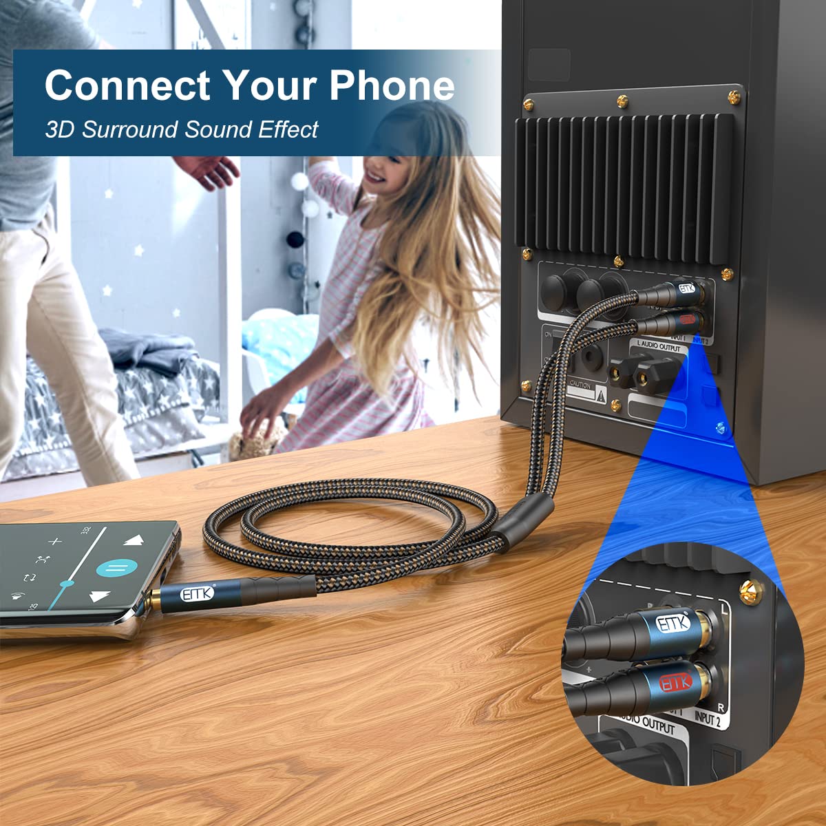 EMK subwoofer connection scene highlights enhanced compatibility with home theater systems