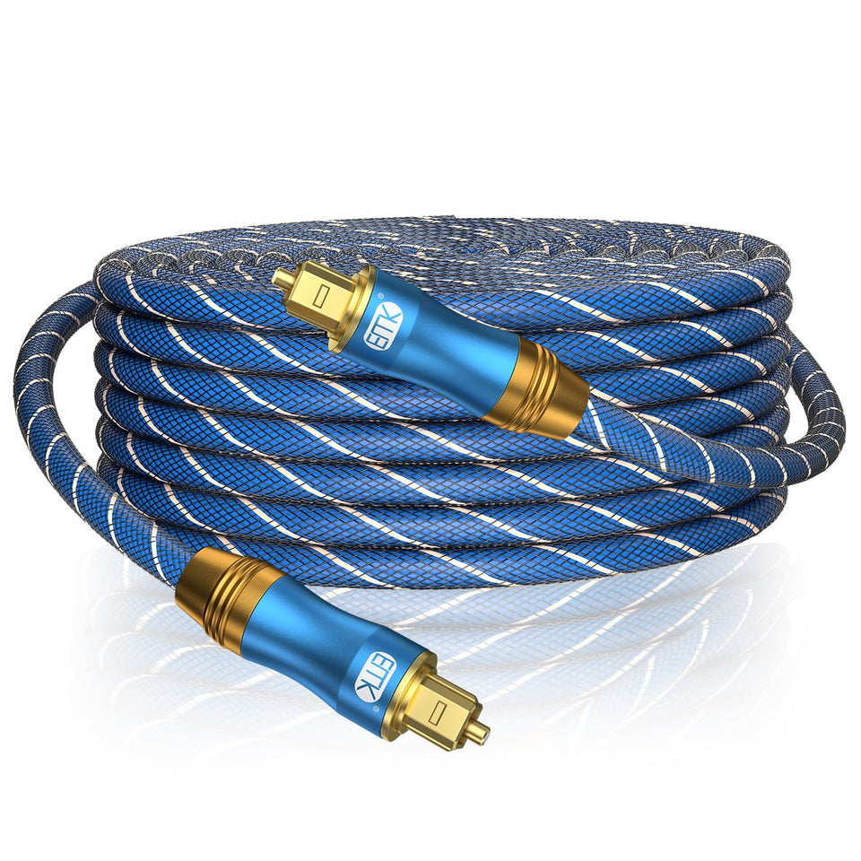 EMK front view of Toslink cable showing full length and connectors for reliable audio