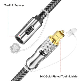 EMK Toslink connector close-up highlights gold plating for low-distortion transmission