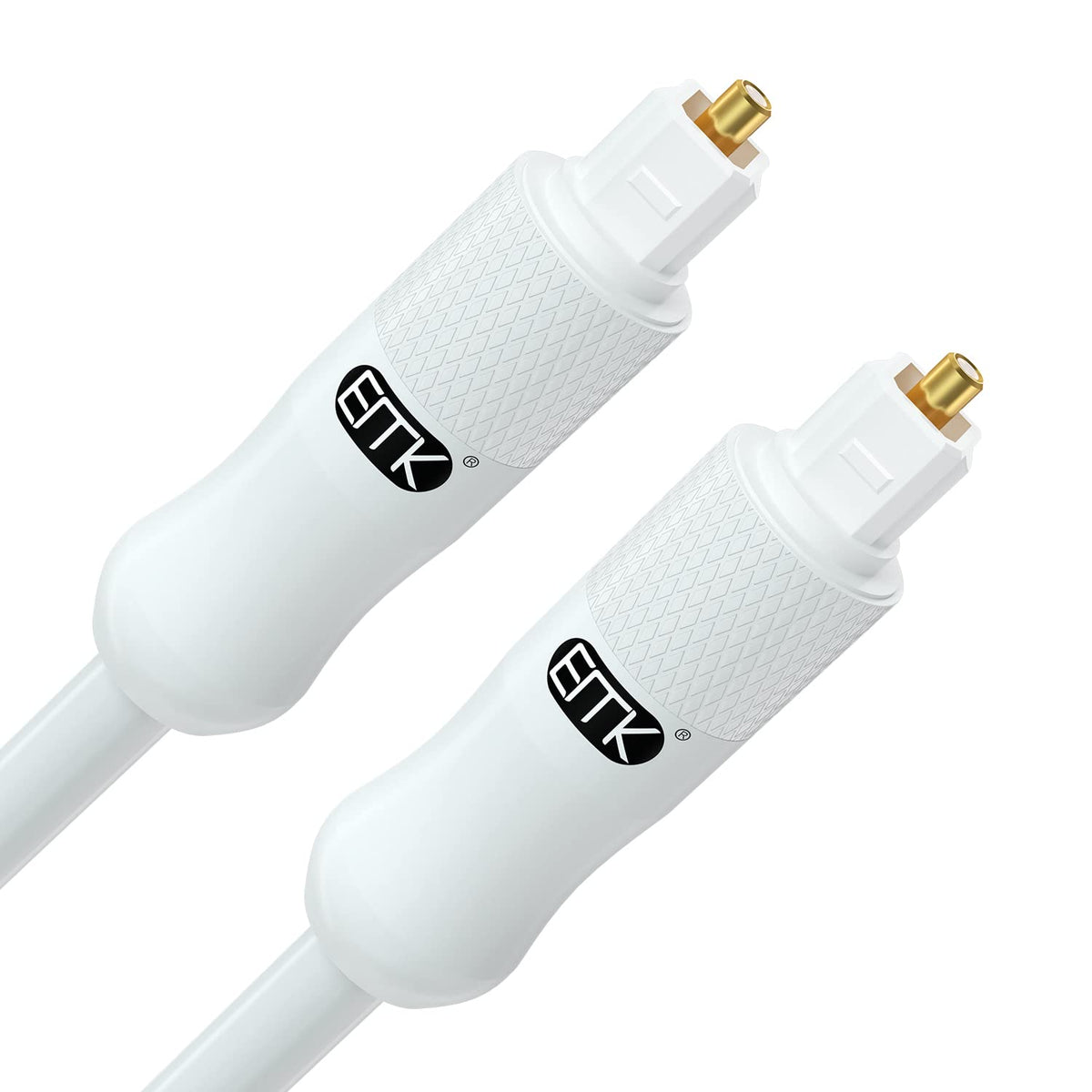EMK white optical audio cable 30ft angled view offering reliable digital audio.