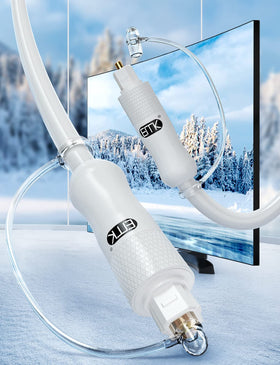 EMK white Toslink connector with dust cap protects connectors during use.