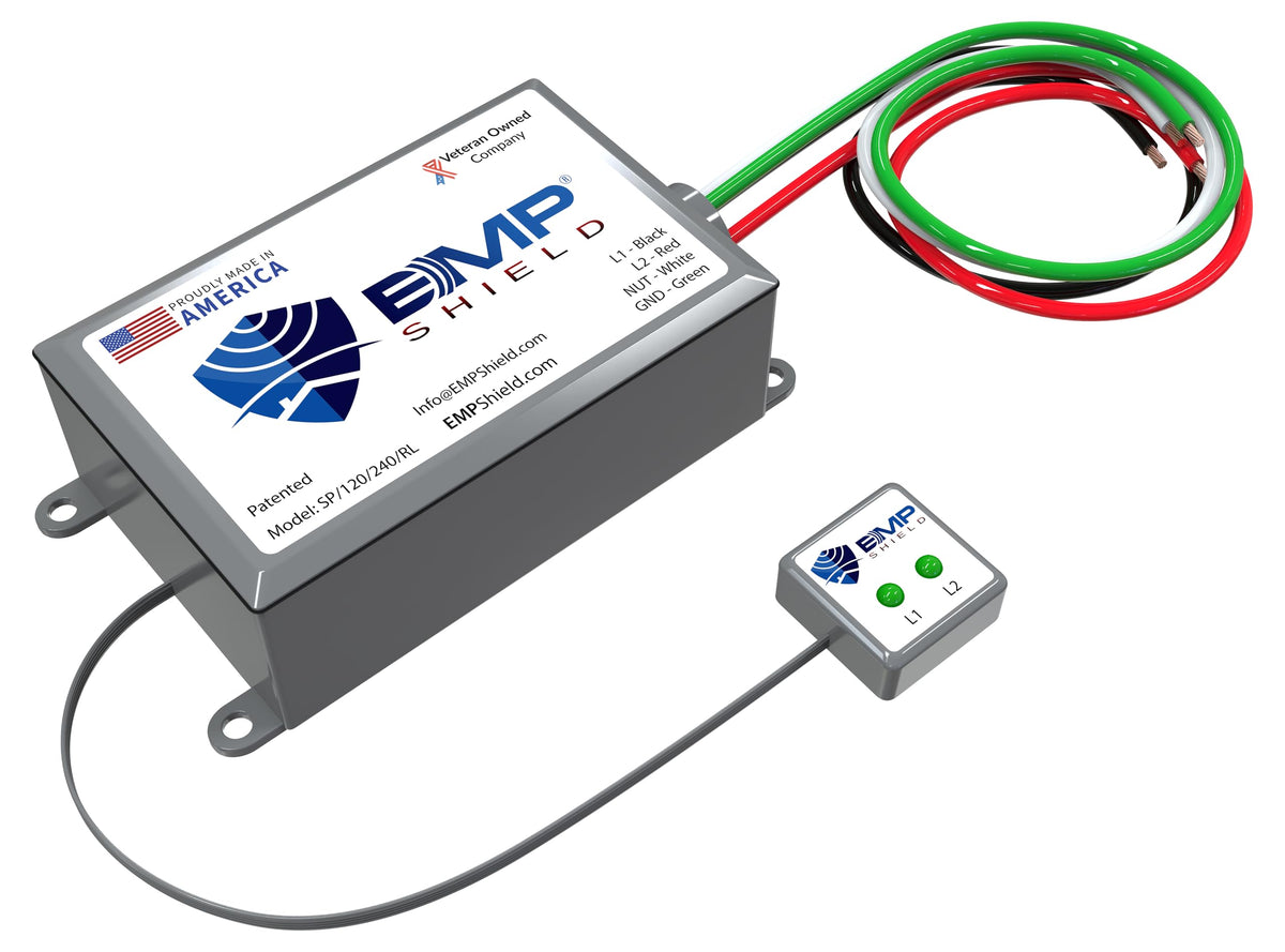 EMP Shield home protection device in front view guarding electronics from surges and EMP threats