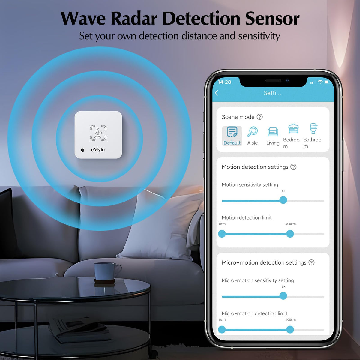 eMylo sensor mounted in hallway triggering smart light for hands-free convenience