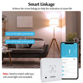 eMylo sensor on bedroom wall showing automated lights and occupancy comfort
