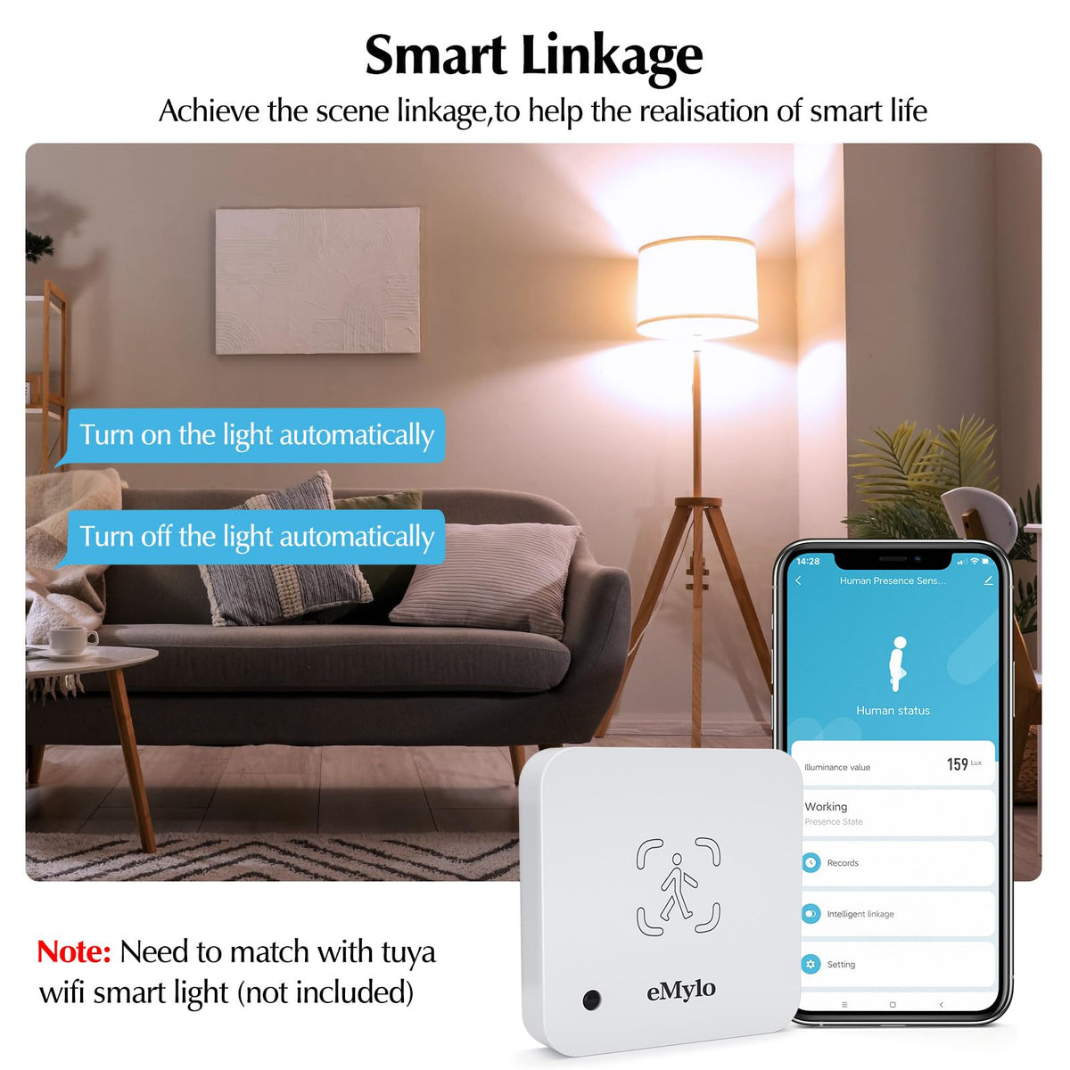 eMylo presence sensor beside smartphone showing compact size and discreet installation benefit