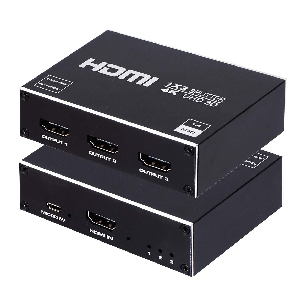 ENBUER 1x3 HDMI Splitter front view showing compact design for easy placement