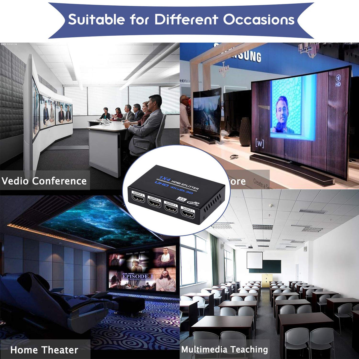 ENBUER 1x4 HDMI Splitter compact box fits discreet entertainment setups