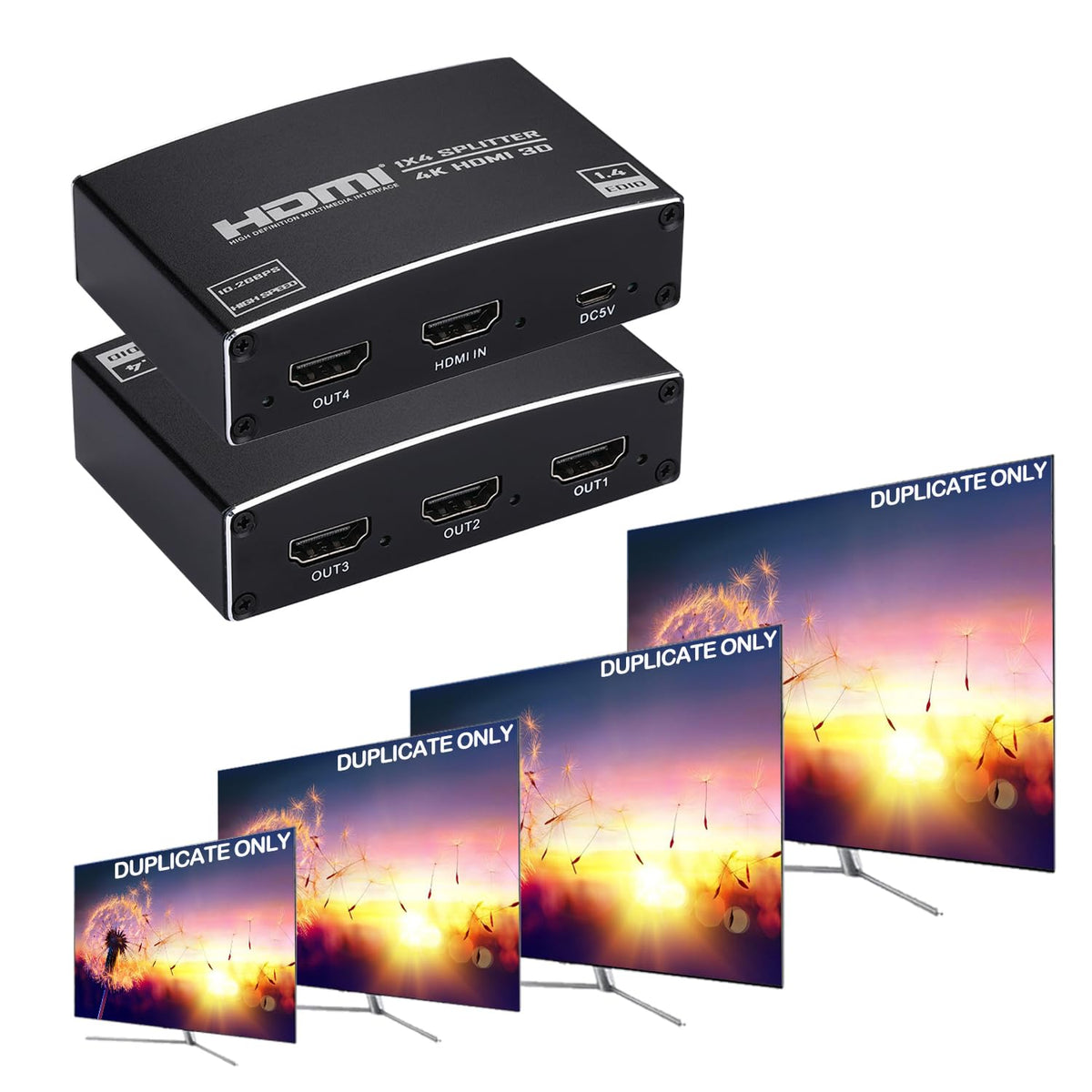 Enbuer HDMI Splitter 1x4 out front view distributes one source to four displays