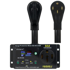 ENDMAN 50-amp RV surge protector display showing outlet status and energy usage.