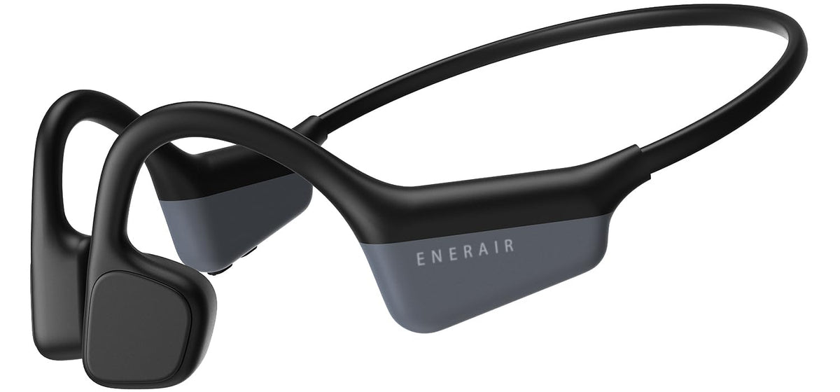 Enerair front view of headset and packaging showing sporty design and benefit of situational awareness