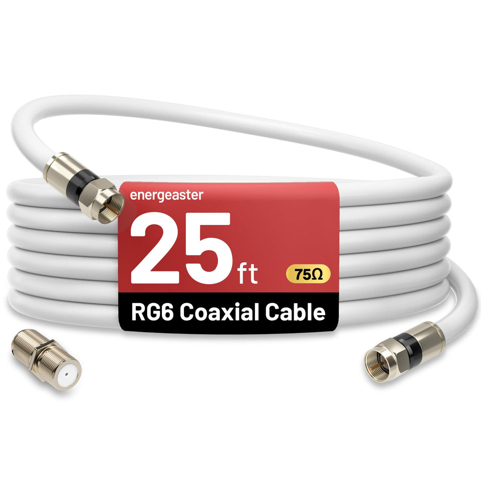Energeaster 25ft RG6 coaxial cable with F-type connector for flexible home entertainment wiring.