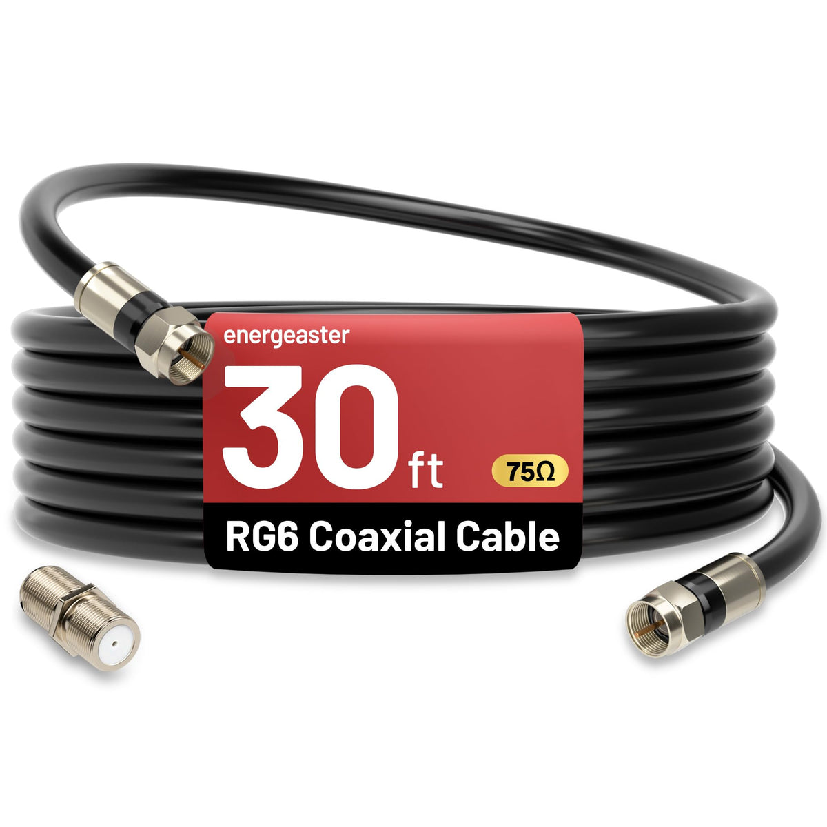 Energeaster 30ft RG6 coaxial cable with F-type connector; ideal for reliable satellite TV connections.