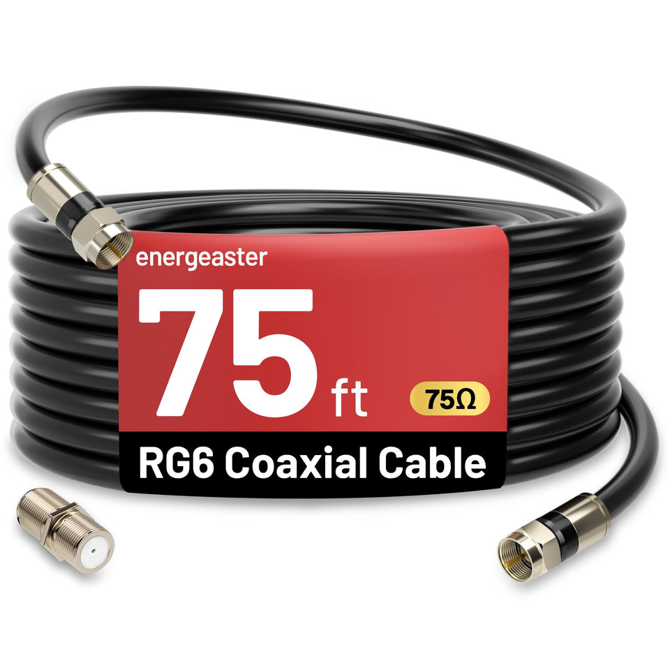 Energeaster 75ft RG6 coaxial cable in black, ideal for flexible indoor and outdoor TV and internet setups.