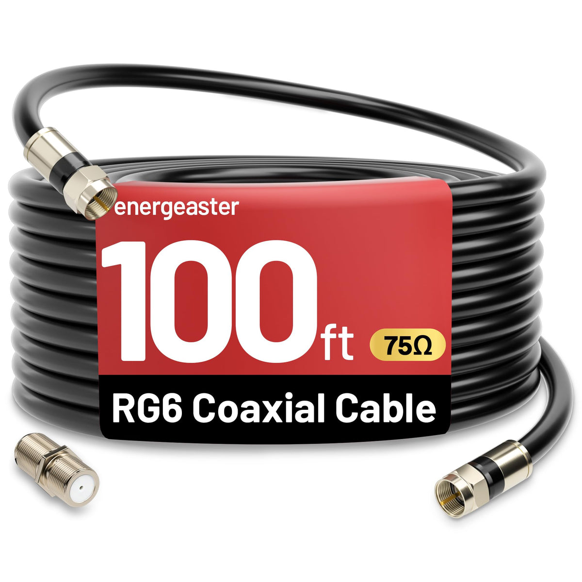 energeaster front view of 100FT RG6 cable showing durable jacket and connectors for reliable runs
