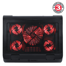 ENHANCE close-up of the 140mm fan delivering broad quiet airflow to laptop base
