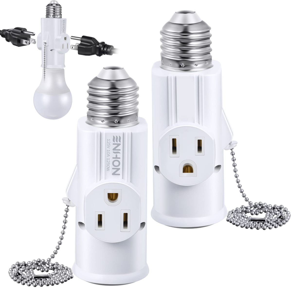 Enhon 3 prong E26 socket adapter close-up enabling flexible plug options.