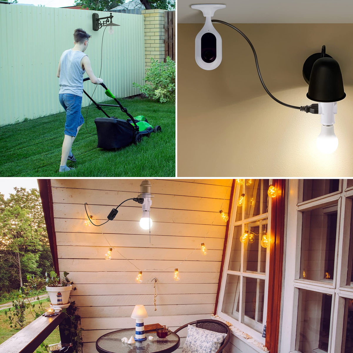 Enhon adapter powering decorative holiday lights outdoors.