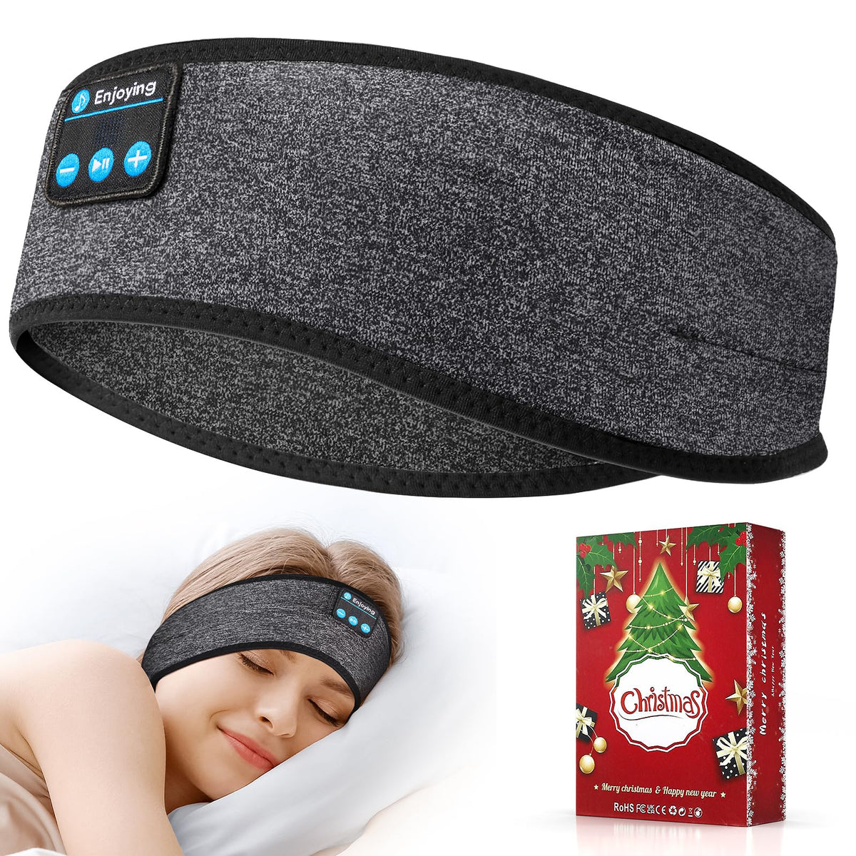 Enjoying front view showing grey headband and slim profile for comfortable sleep