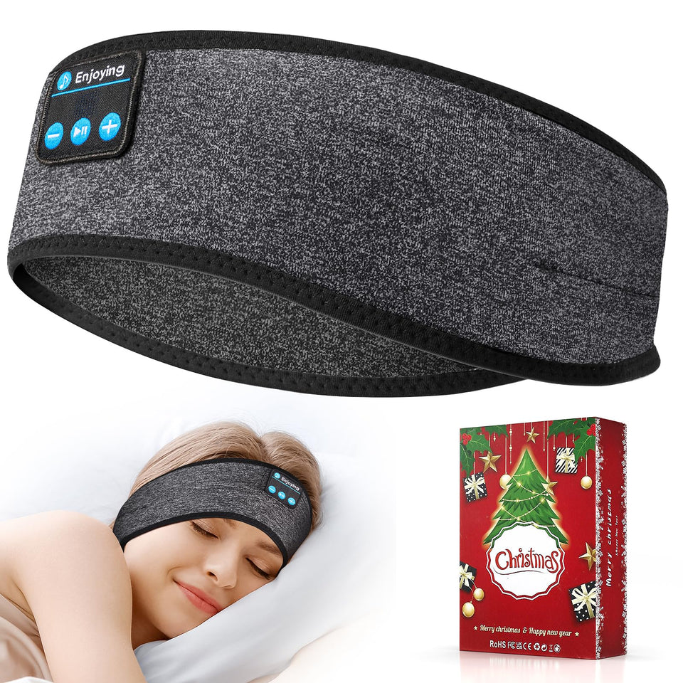 Enjoying front view showing grey headband and slim profile for comfortable sleep