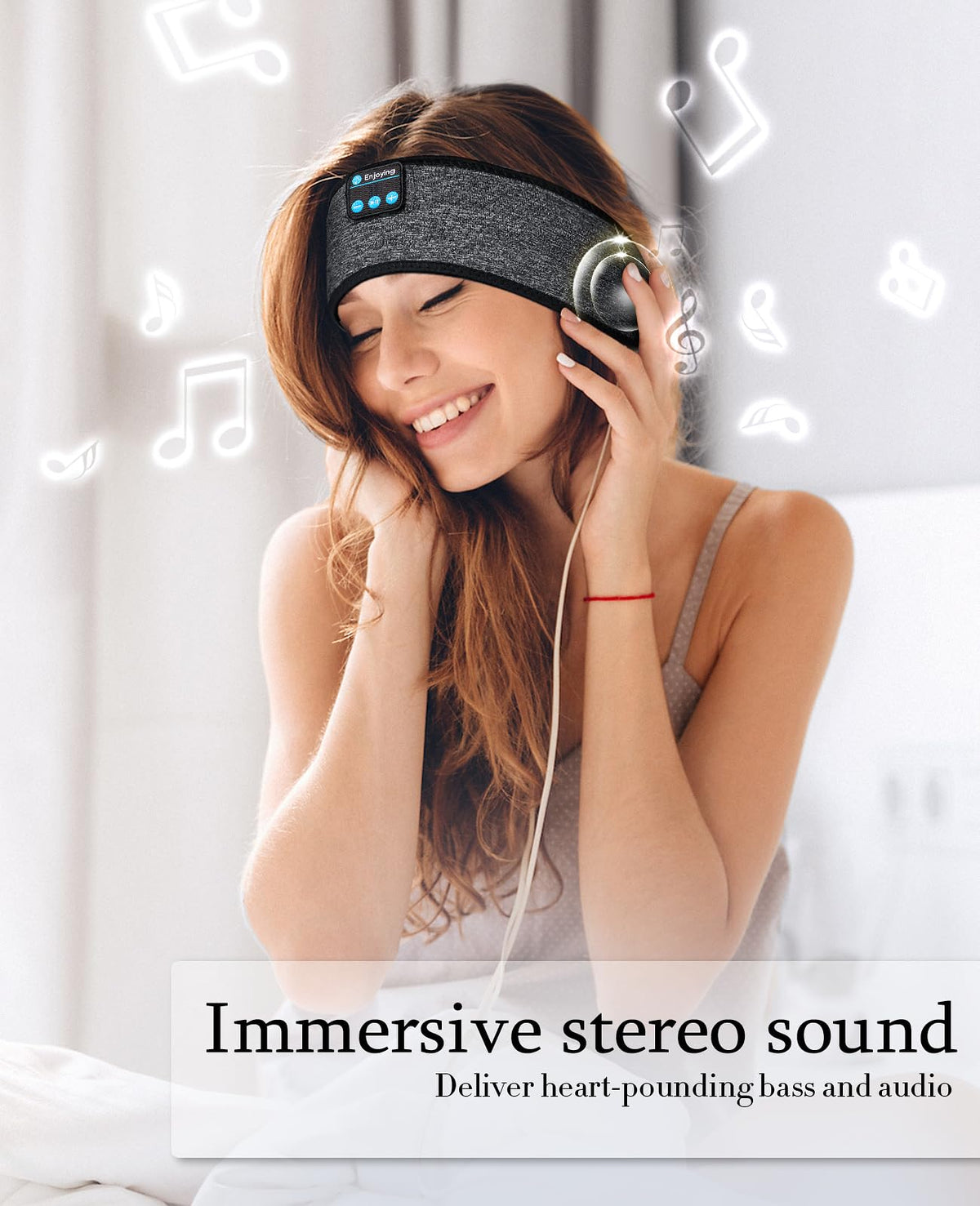 Enjoying sleep mask flat lay showing integrated speakers and removable pod convenience