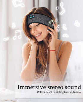 Enjoying sleep mask flat lay showing integrated speakers and removable pod convenience