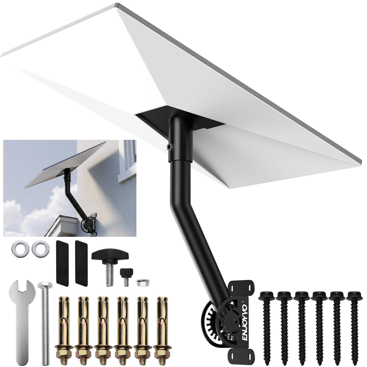 ENJOYVO mount front view showing bracket and starlink dish attachment for secure alignment