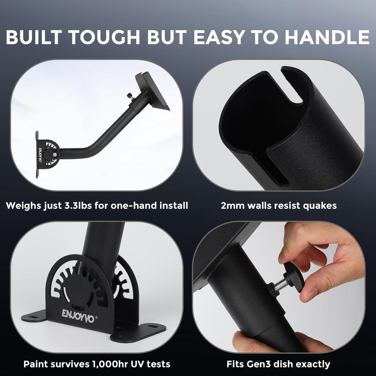 ENJOYVO mount fixed to an exterior wall showing rotation and flexible placement advantage