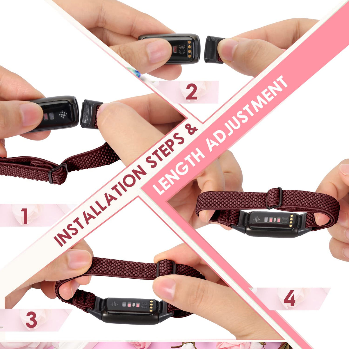 enkic Fitbit Luxe band shows flexible fit and easy on/off.