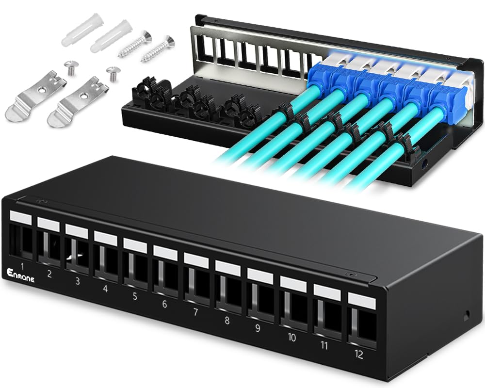 Enmane 12-port patch panel front view with blank keystone slots for flexible upgrades.