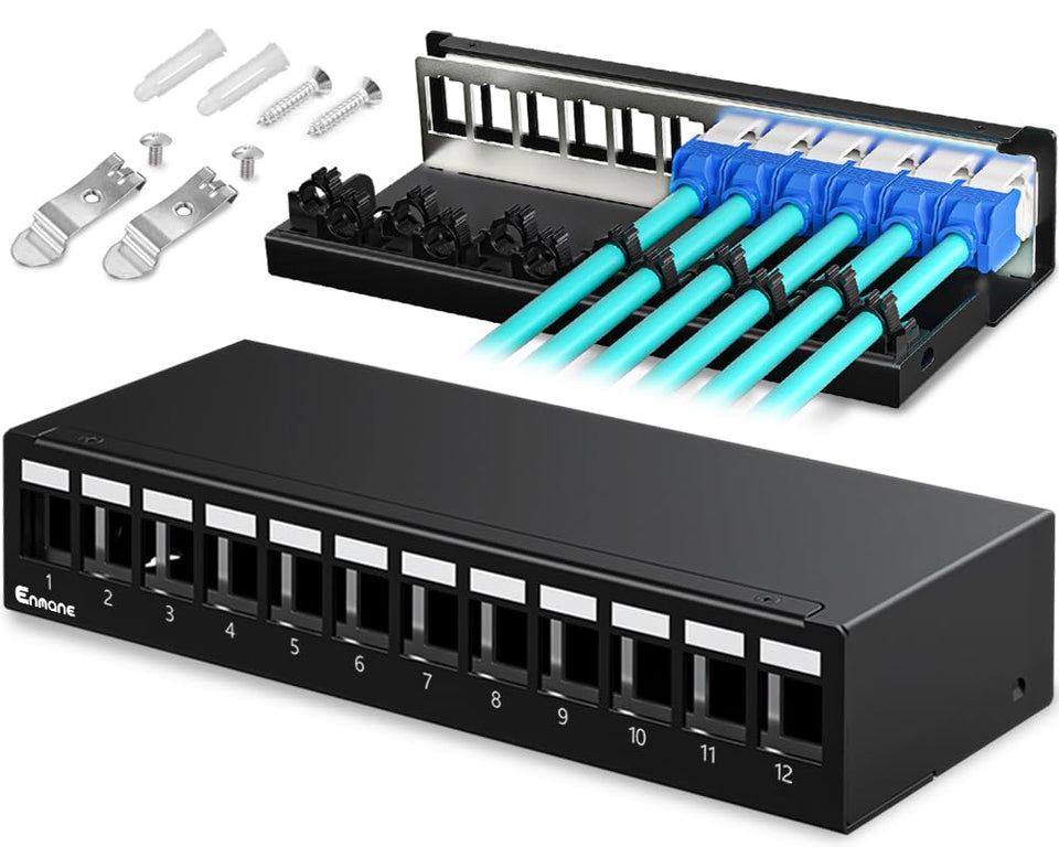 Enmane 12-port patch panel front view with blank keystone slots for flexible upgrades.
