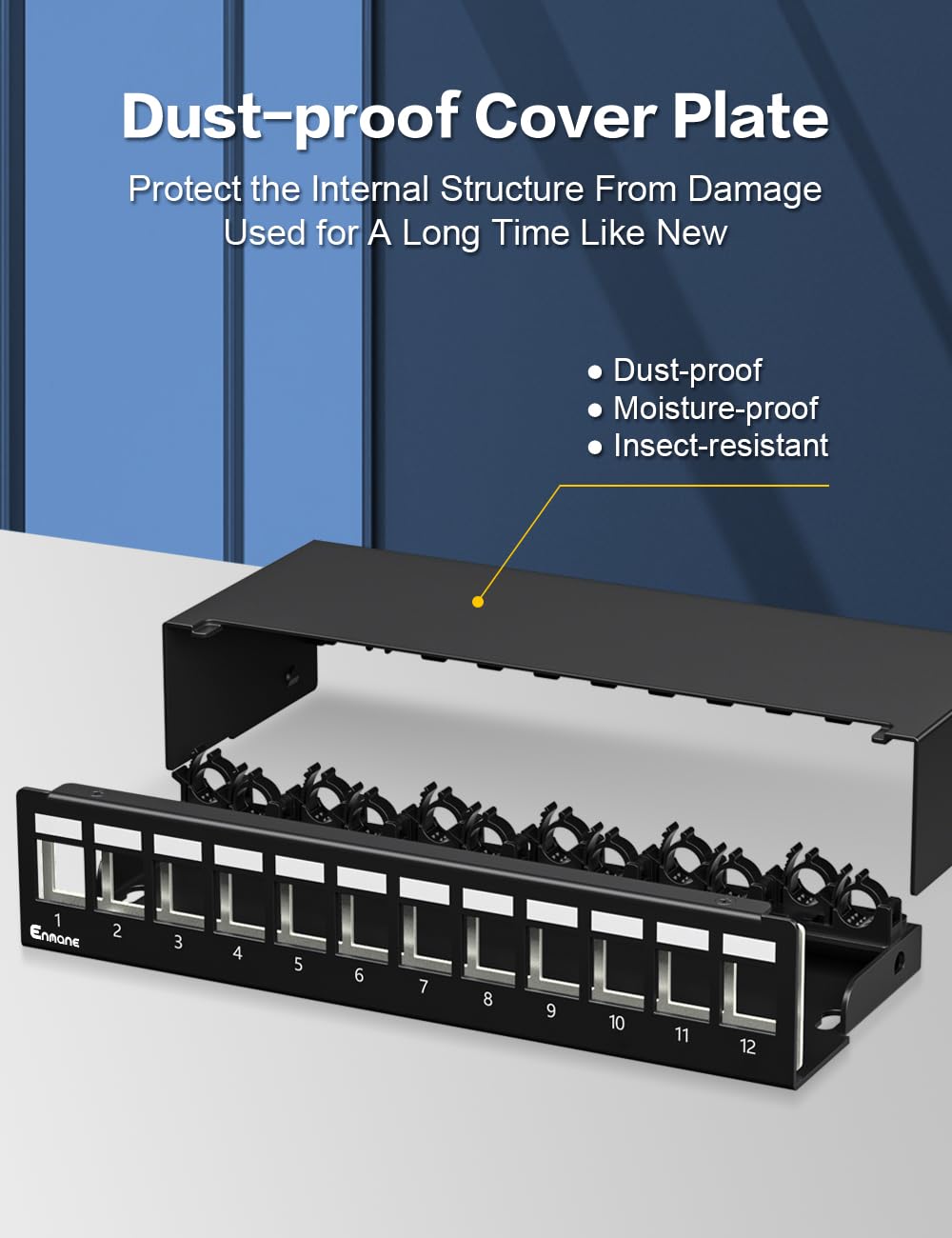 Enmane patch panel side view highlighting slim profile ideal for desk mounting.
