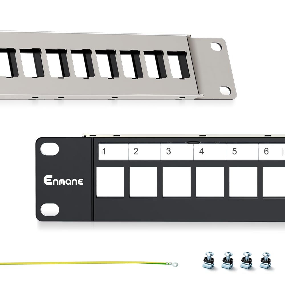 Enmane 24-port blank patch panel 1U in a 19-inch rack showing organized cabling benefits.