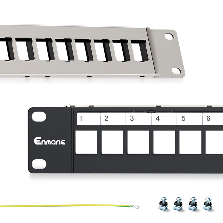 Enmane 24-port blank patch panel 1U in a 19-inch rack showing organized cabling benefits.