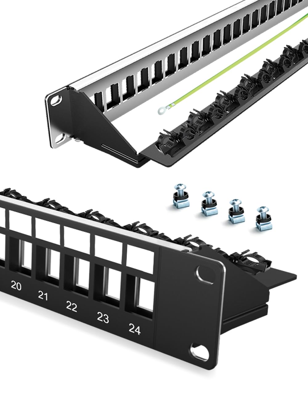 Enmane 24-port patch panel front view with labeled ports for easy setup