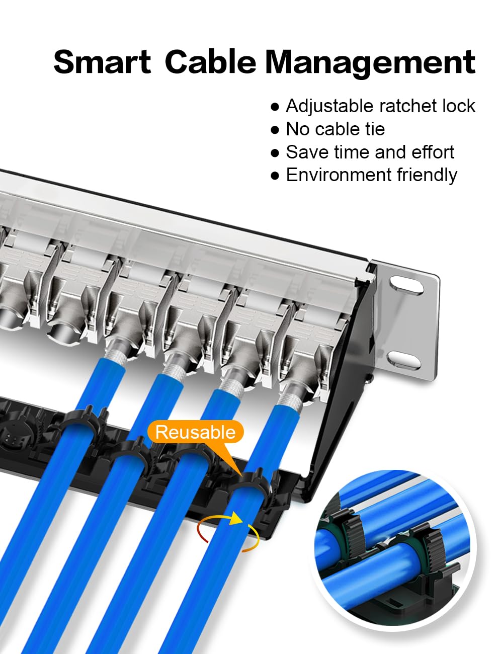 Enmane 24-port patch panel side view with cable management bar