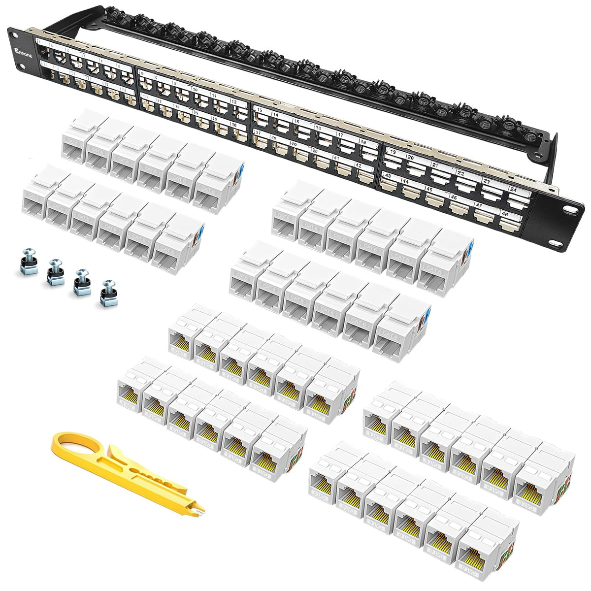 Enmane 48-port patch panel front view with labeled ports for easy identification