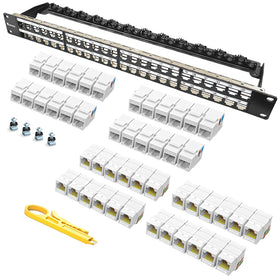 Enmane 48-port patch panel front view with labeled ports for easy identification
