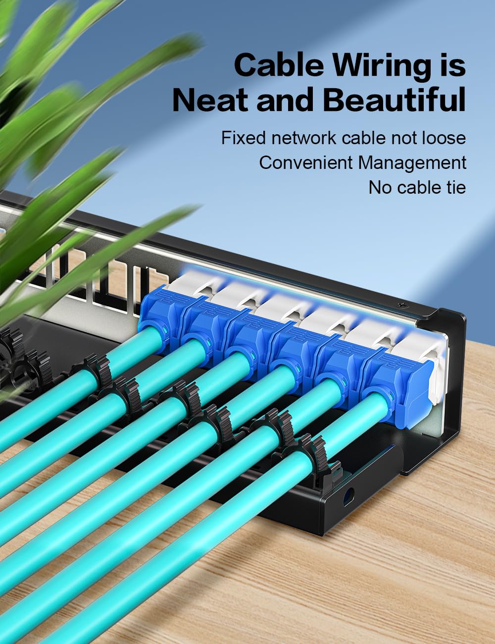 Enmane cable-management ratchet keeps cables tidy and installation fast.