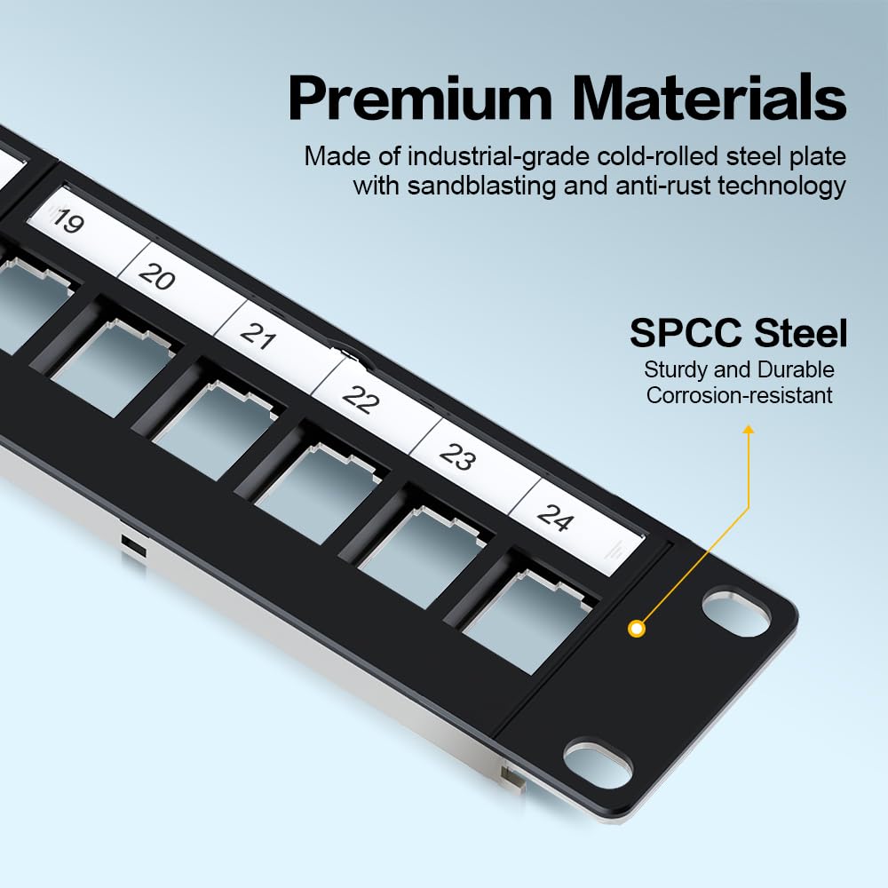 Enmane patch panel supports shielded or unshielded keystone jacks for versatility.