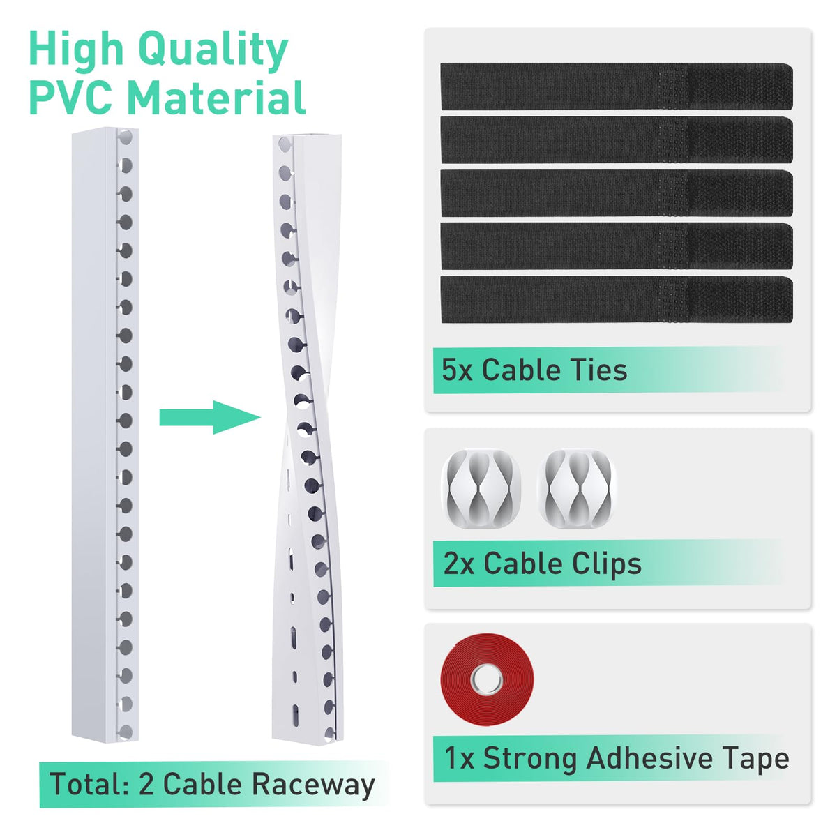 ENONCI Adhesive tape and wire holders simplify quick, secure cable setup.