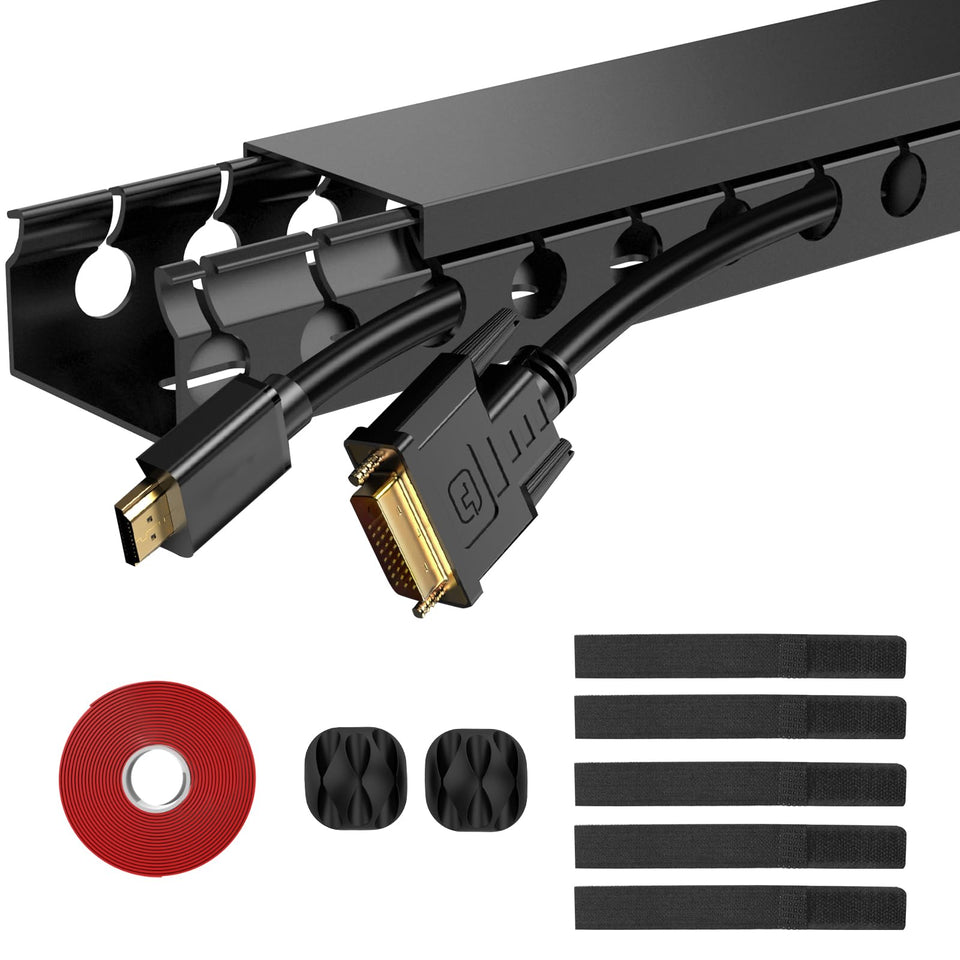 ENONCI front packaging showing ten raceway pieces and kit contents for tidy cable storage