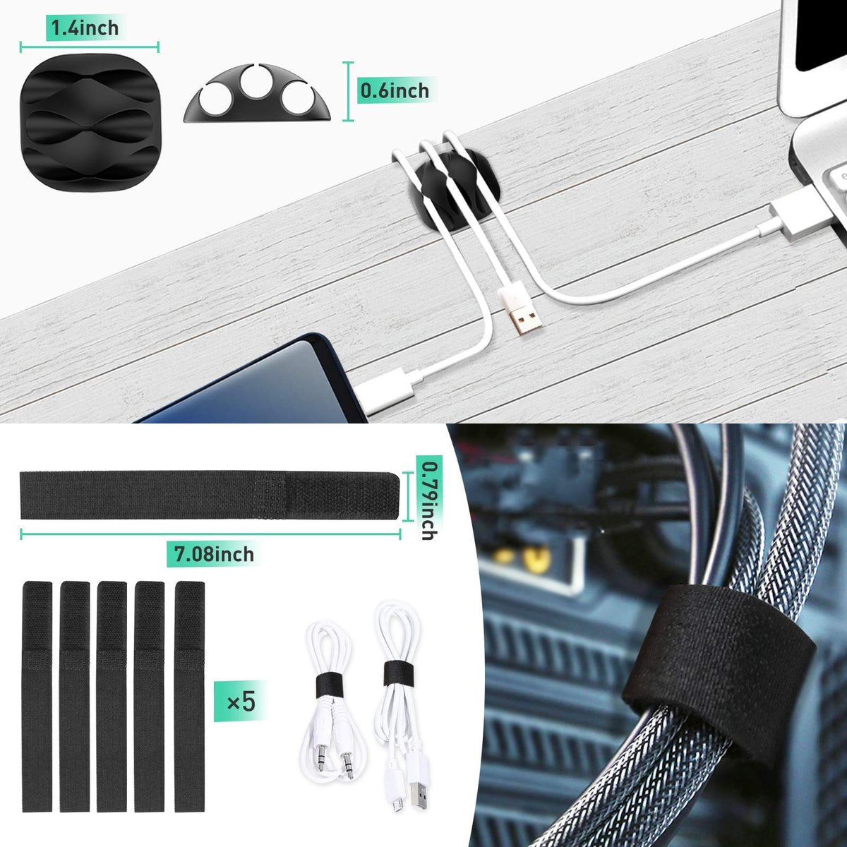 ENONCI Velcro cable ties bundle to simplify cable management.