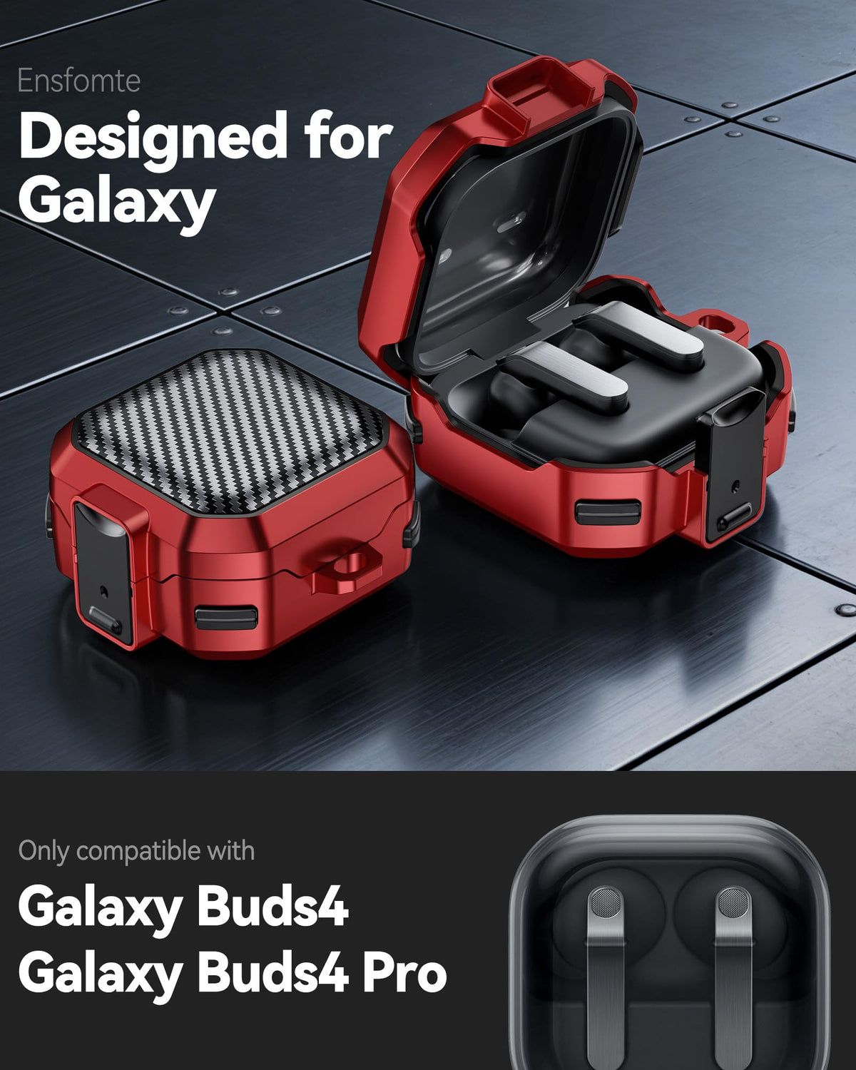 EnsFomte Buds 4 Pro Case carbon fiber panel highlights rugged durability.