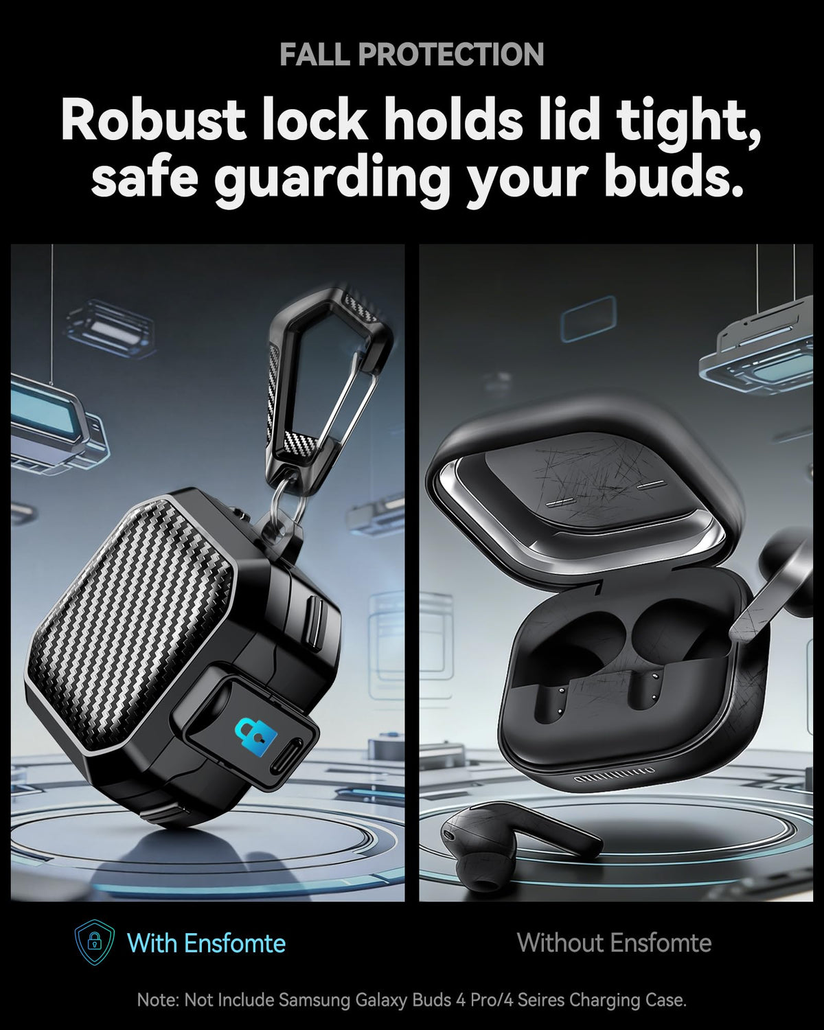 EnsFomte carbon fiber durability close-up emphasizes shock absorption and scratch resistance.