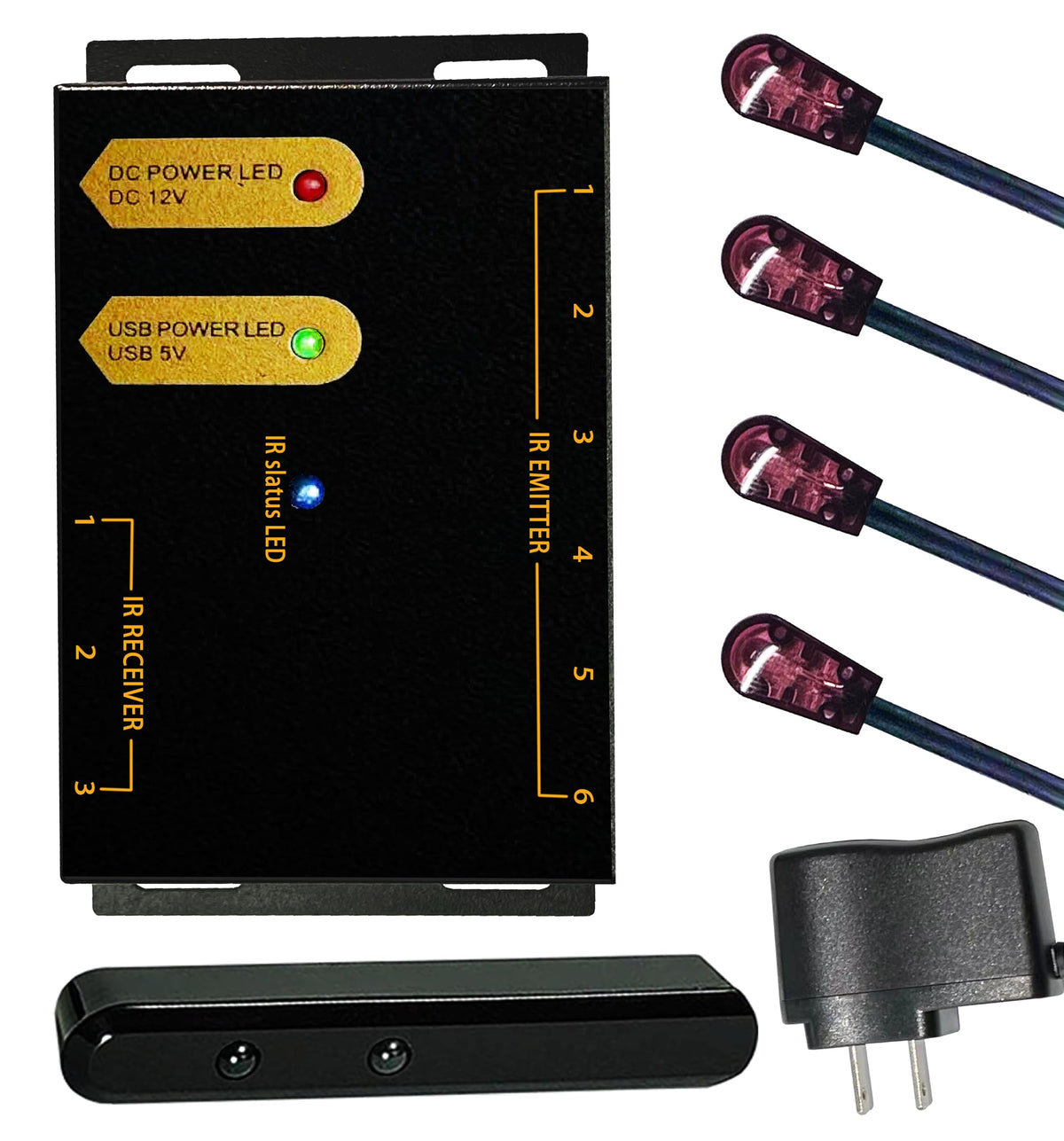 Ensigear IR repeater kit front panel showing ports and connectors for easy setup