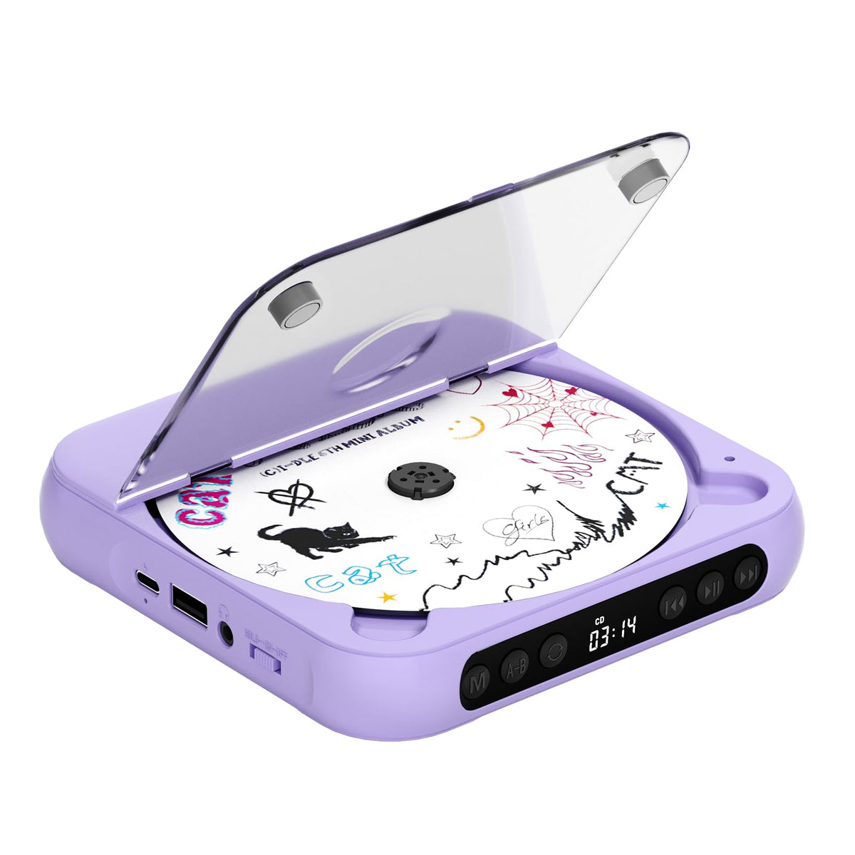 ENVYCLOUD front view showing compact purple player and dual speakers for portable listening