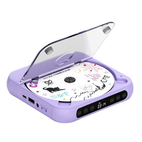 ENVYCLOUD front view showing compact purple player and dual speakers for portable listening